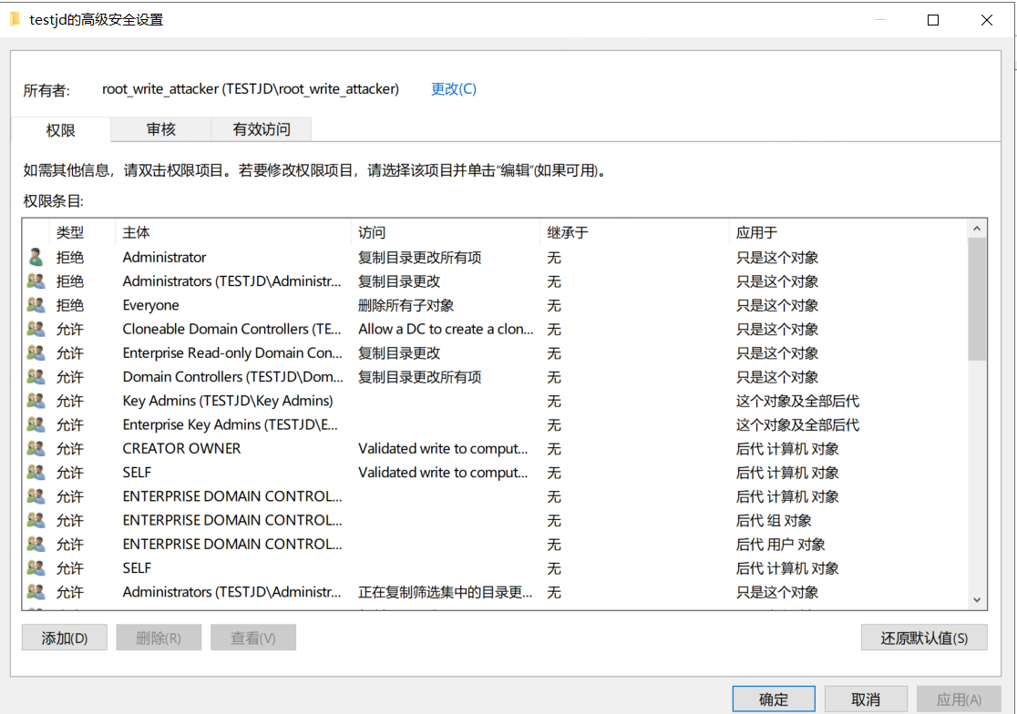 域根所有者 root_write_attacker 与现有权限